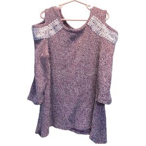 Speeckless kids’ cold shoulder burgundy sweater top with white lace, size large